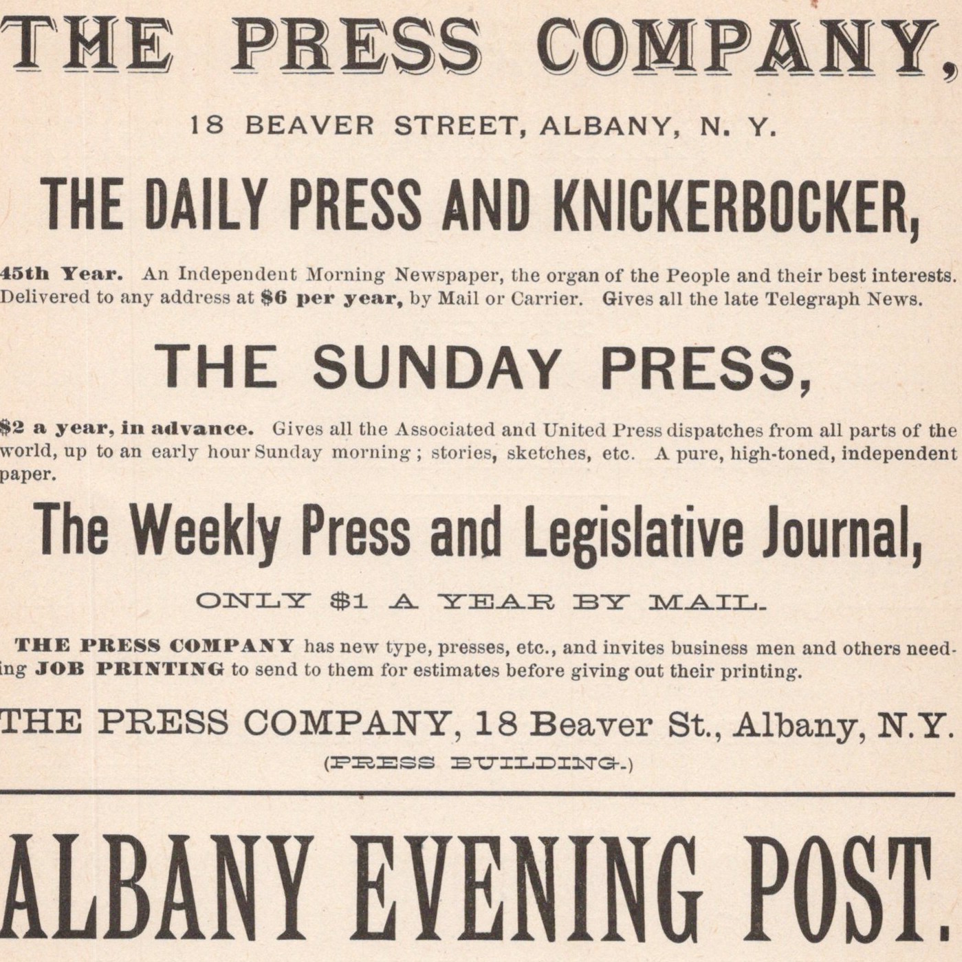 1887 The Press Co Daily Press & Knickerbocker Albany NY Print Ad