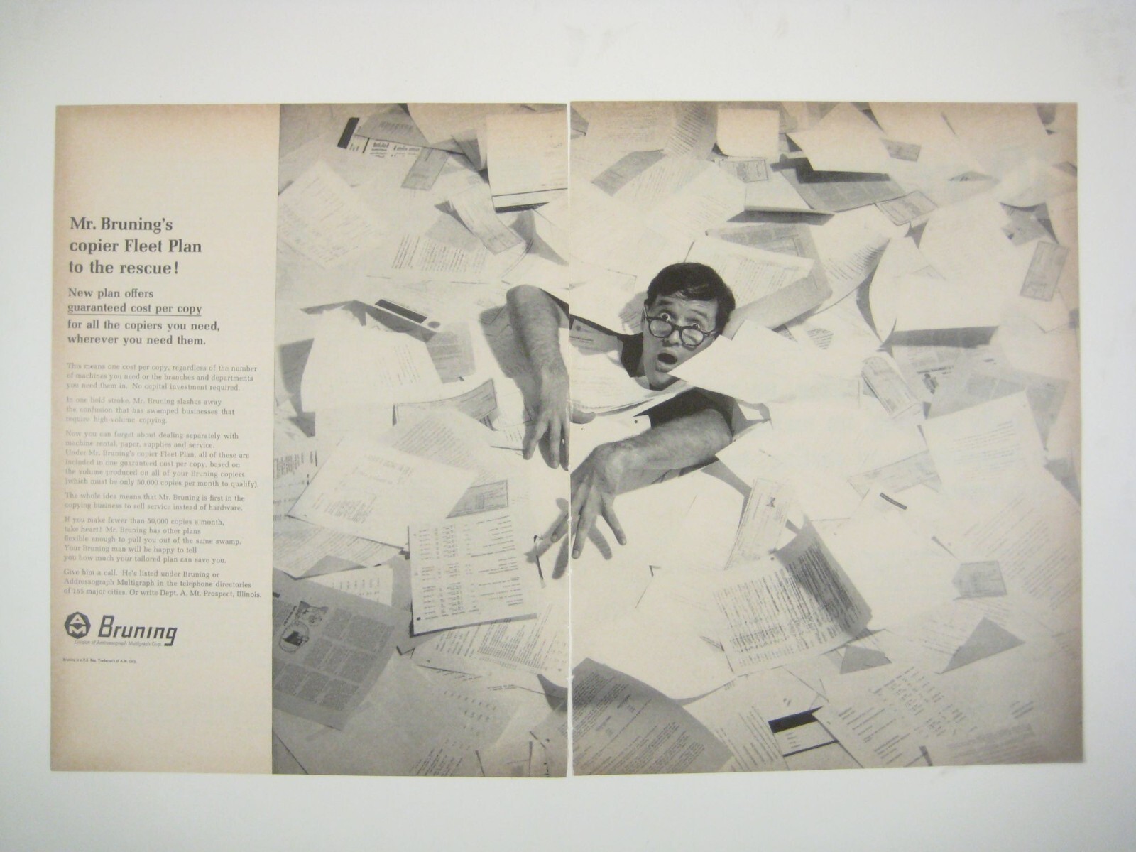 Vintage Bruning Copier Fleet Plan Print AD 2 Page 1960s Person Drowning Paper