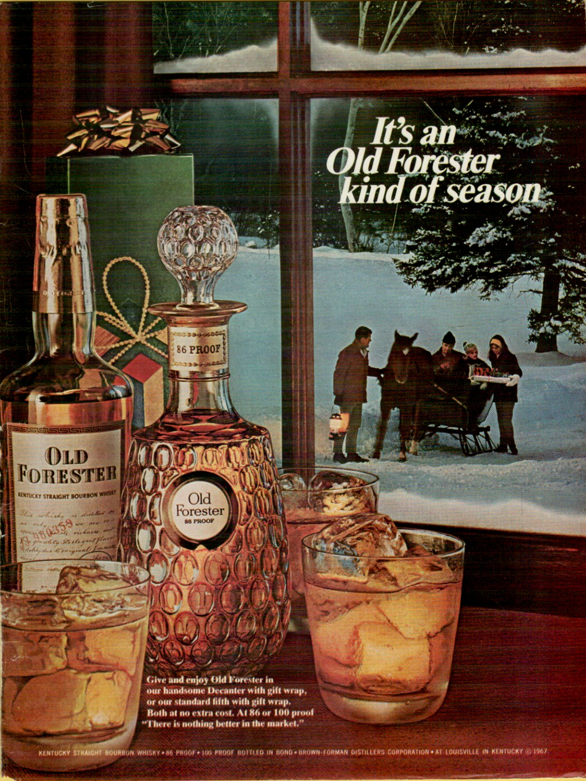1967 Old Forester Bourbon Kind of Season Snow Sleigh Christmas VINTAGE PRINT AD