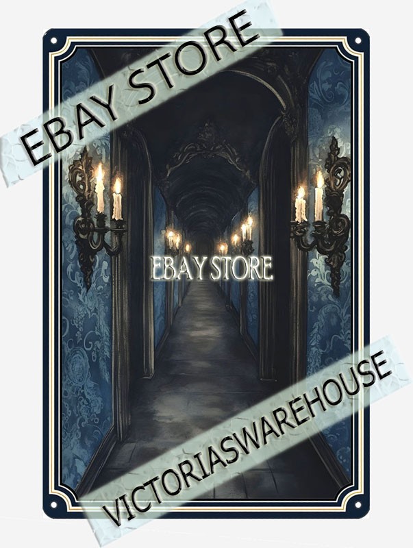 Gothic Hallway Metal Tin Sign Dark Blue moody dramatic path