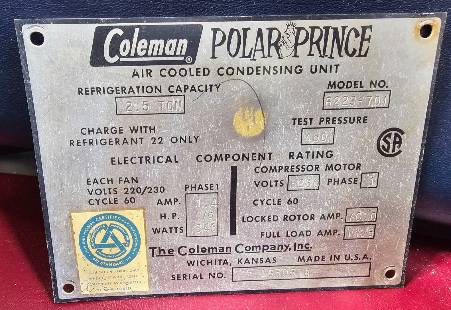 Vintage COLEMAN POLAR PRINCE Air CONDITIONER Metal Emblem Badge Plate Tag Sign