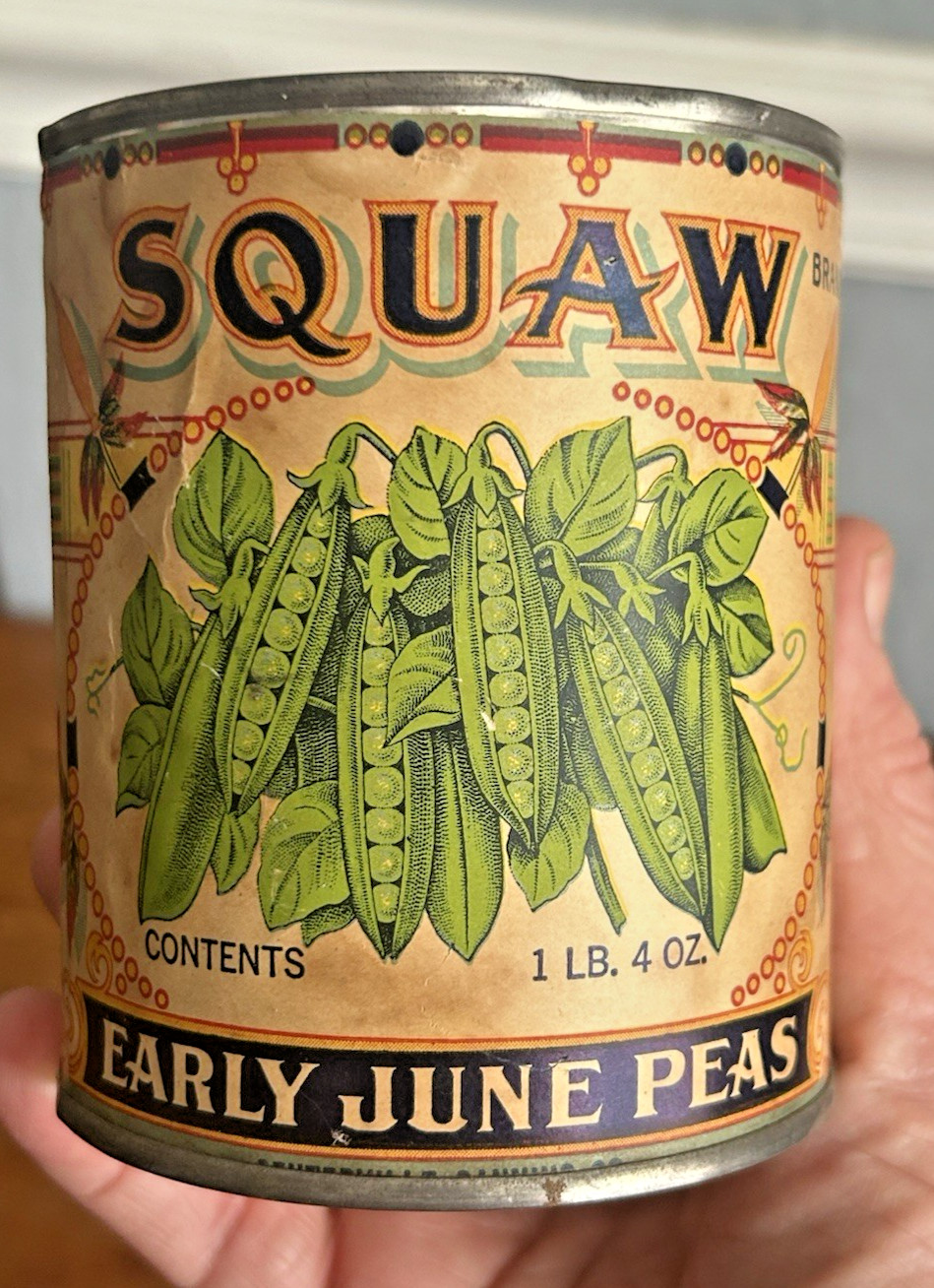 Squaw Brand Early 1900s Tin Can w Lid & Graphic Paper Label Centerville Canning