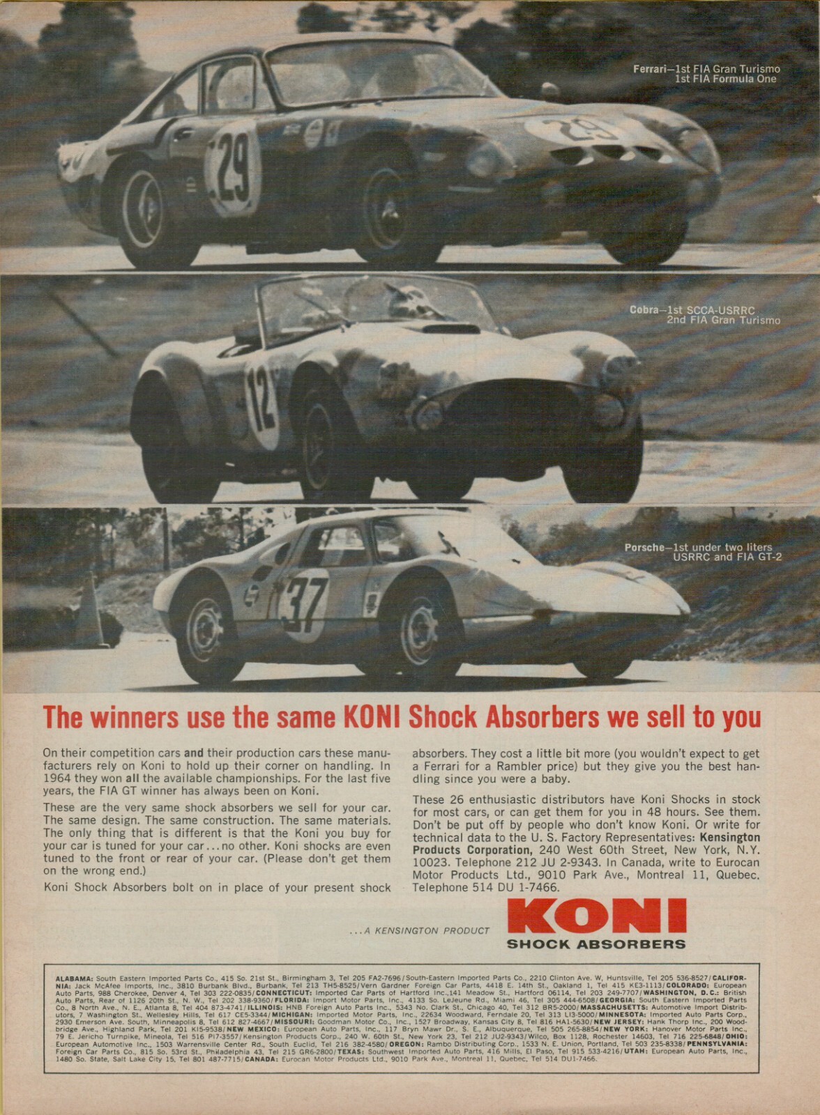 1965 Koni Shock Absorbers Ferrari Cobra Porsche FIA SCCA Champs VINTAGE PRINT AD