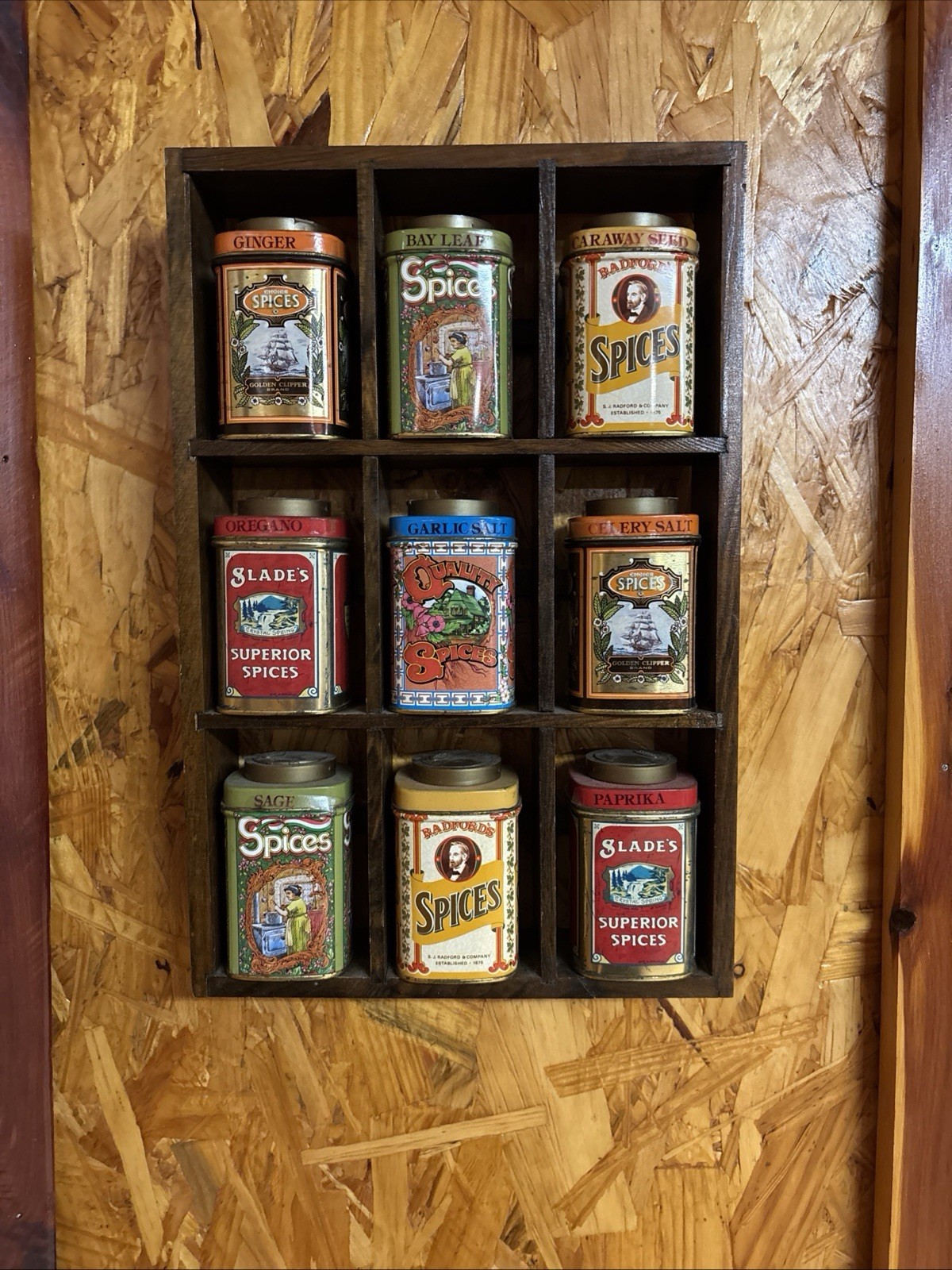 Vintage Wood Spice Rack & 9 Tins Square Style Multi-Colored With Box