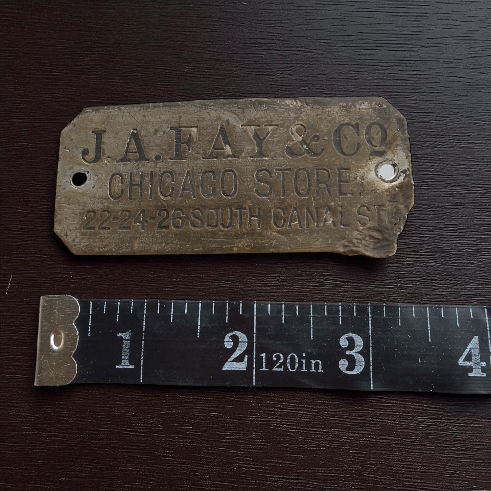 J.A. FAY & Co. Metal Tag Advertising Chicago Store 22-24-26 South Canal St
