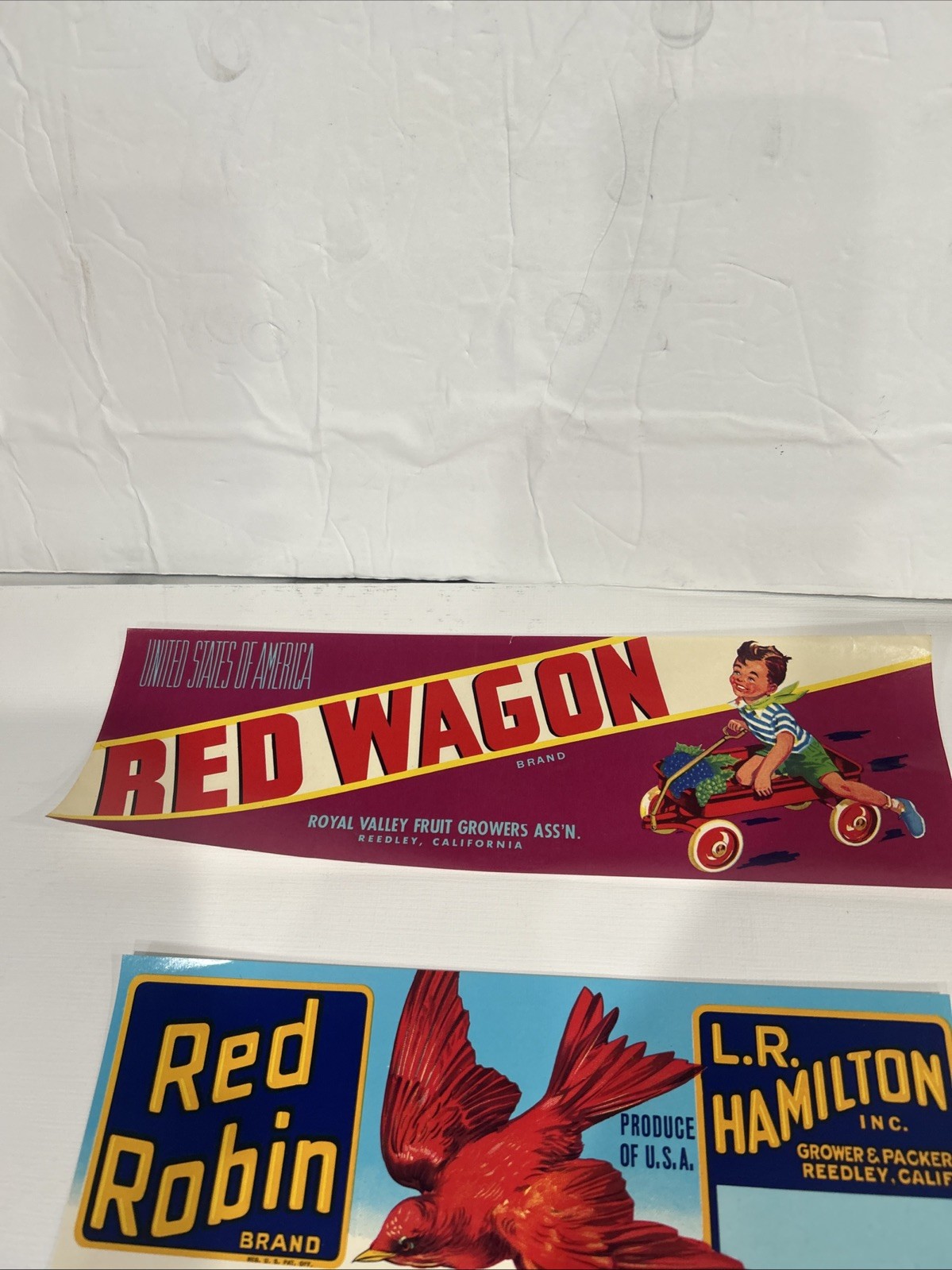 RED WING Red Robin Red Wagon Produce Crate Labels Reedley Sanger California