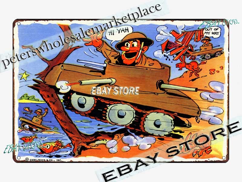 1941 Cartoon Humor Riding Tank Military Scene Tin Sign living room art decor