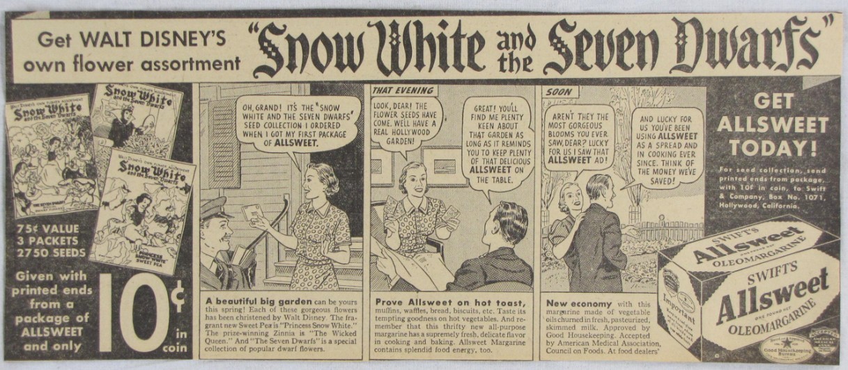 Vintage 1938 SNOW WHITE & the Seven Dwarfs FLOWER SEEDS Newspaper Print Ad