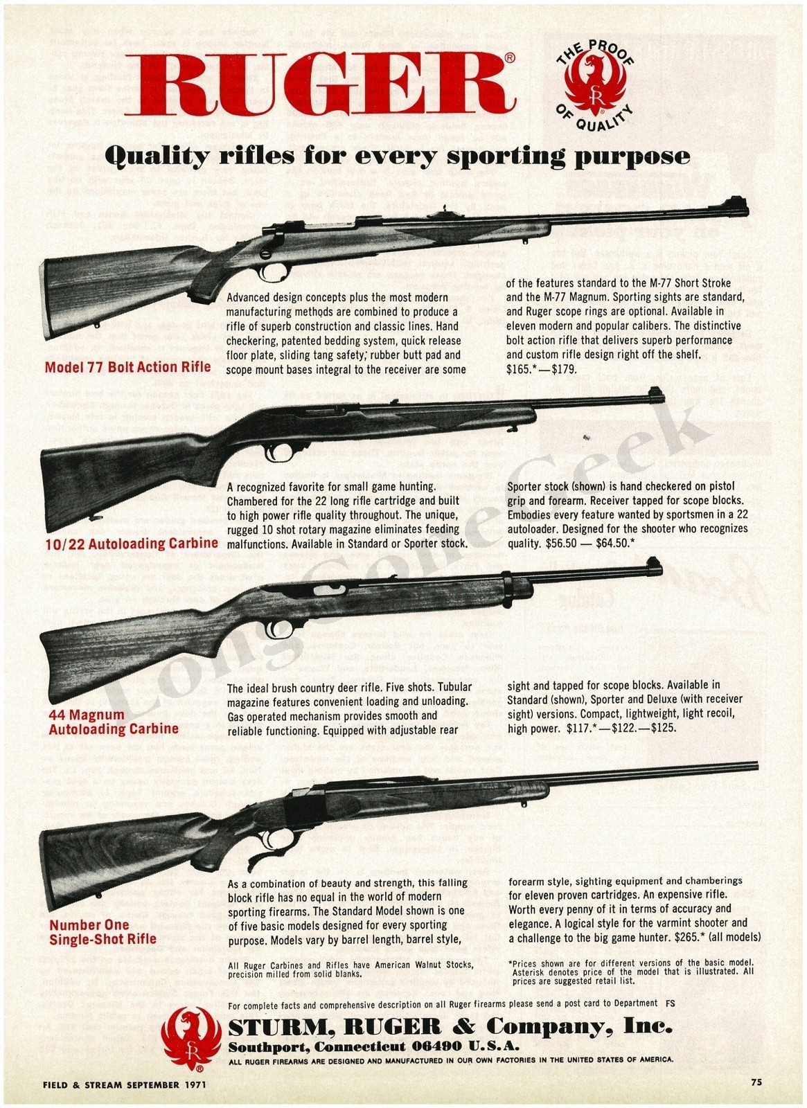 1971 STURM RUGER Model 77 , #1 Rifle, 10/22, 44 Magnum Carbine Vintage Ad