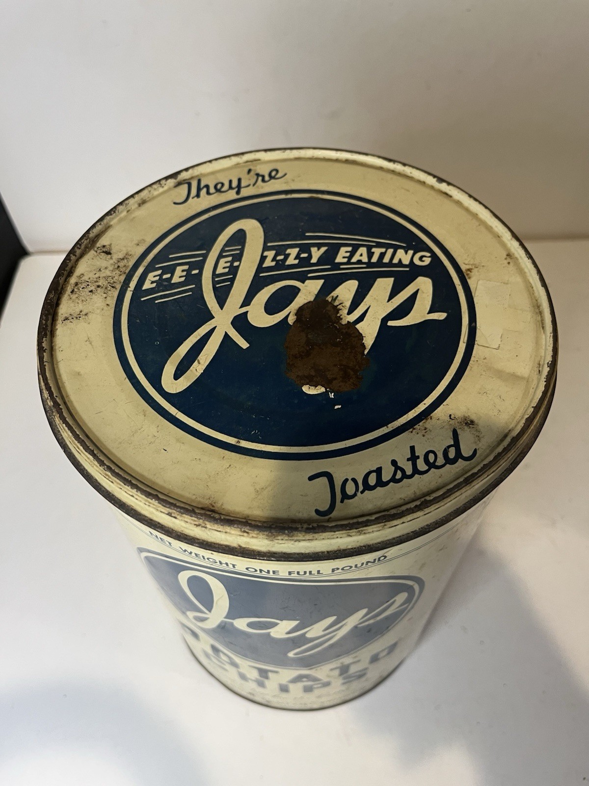 VINTAGE JAYS POTATO CHIP TIN 11.5″ Height 1940’s Shows Wear Rust