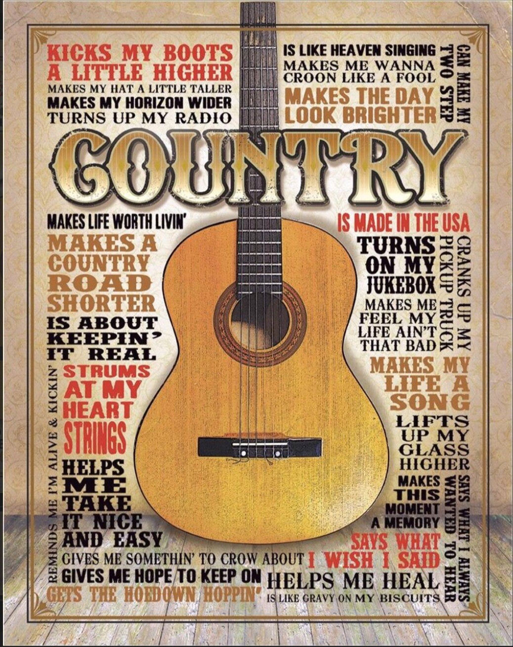 Country Music Is Made In The USA on a 12.5”x 16” Tin Sign.