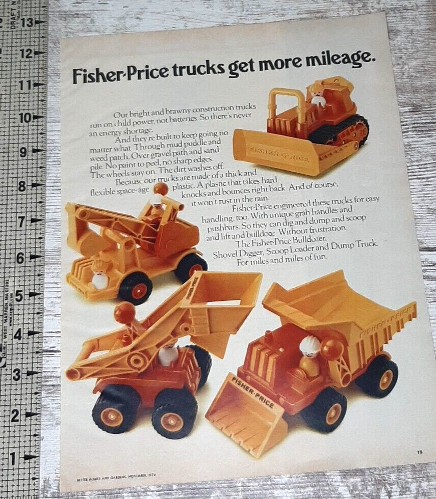 1976 Fisher Price Vintage Print Ad Toy Truck Dumptruck Plow Bulldozer Backhoe