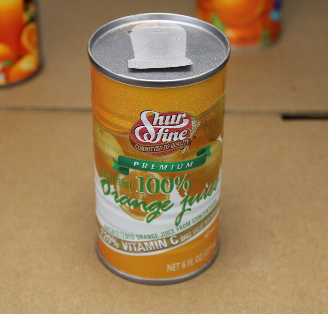 GRAPHIC ~NEAR MINT ~ Vintage SHUR FINE ORANGE JUICE Old Original 6 oz Tin Can