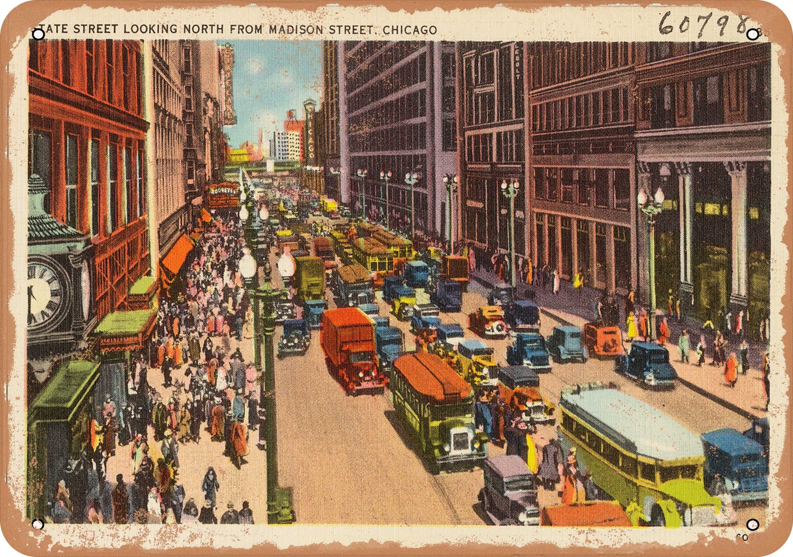 Metal Sign – Illinois Postcard – State Street looking north from Madison Street