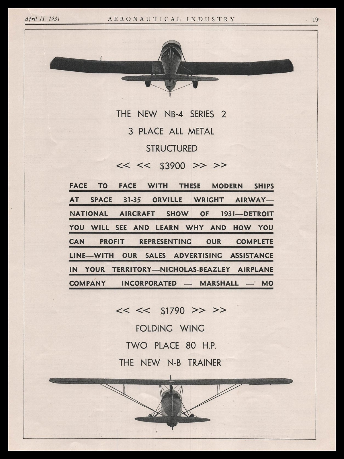 1931 Nicholas Beazley Airplane Co. Marshall Missouri NB-4 & N-B Trainer Print Ad