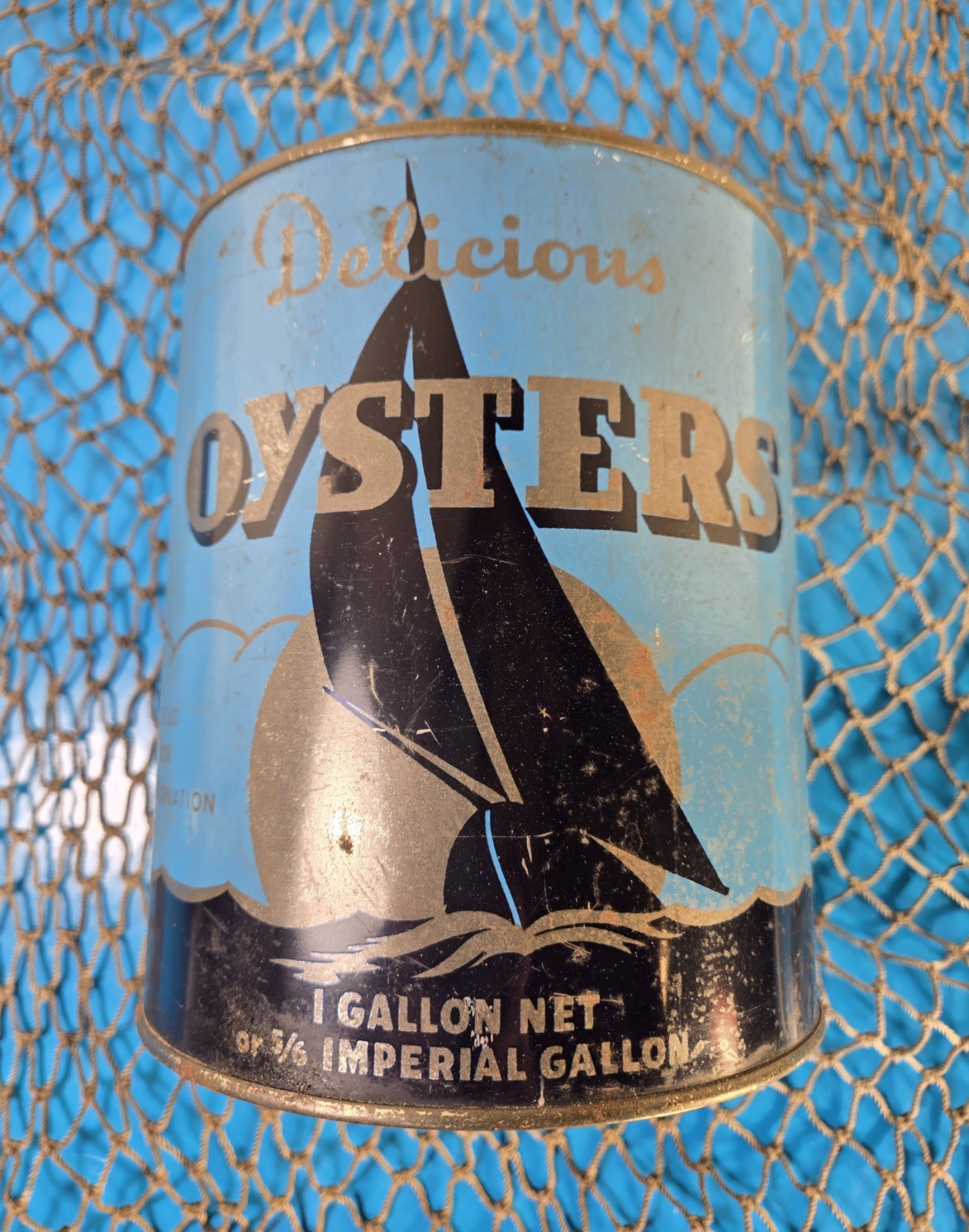 Vintage (Blue) Delicious Oysters Tin, One Gallon, Weems VA : Lots of Embossing