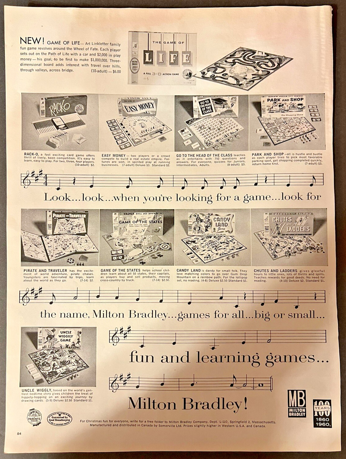 Vtg 1965-Milton Bradley Board Games on side Chanel Perfumes on the other Ads
