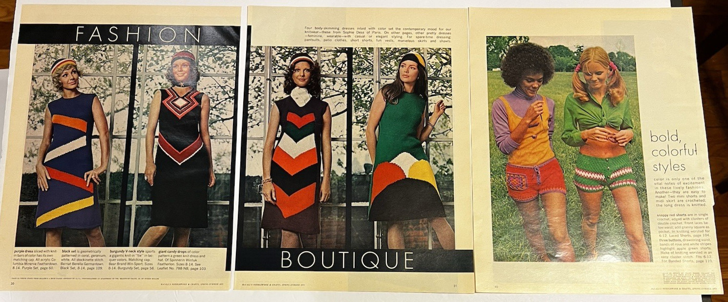 Vintage 1970s 3 Pages of Knitted Fashion Clothing-Dresses-Hats-Vest-Kooky
