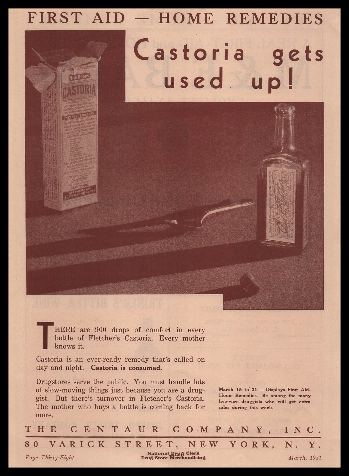 1931 Fletchers Castoria First Aid Home Remedy Laxative Centaur New York Print Ad