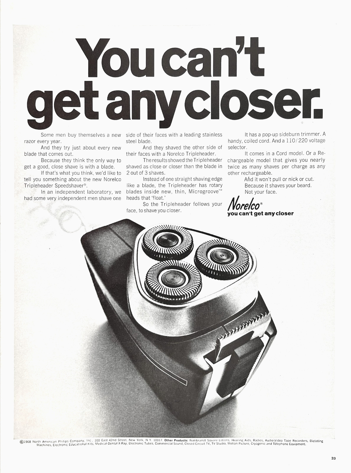 Philips Norelco Tripleheader Rotary Electric Nothing Shaves Closer Mag Print Ad