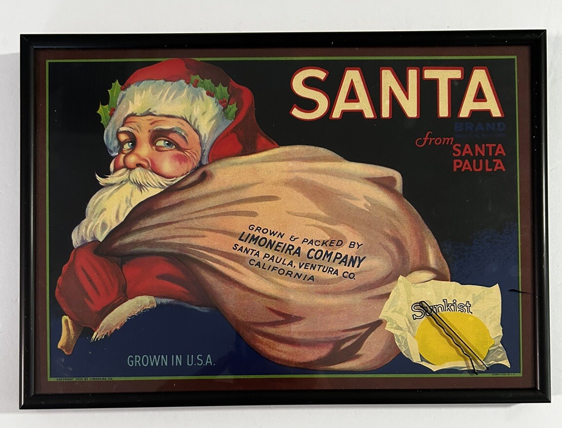 VTG Santa Sunkist Lemon Crate Label Litho Santa Paula,Ventura Co.CA Framed 13×9”