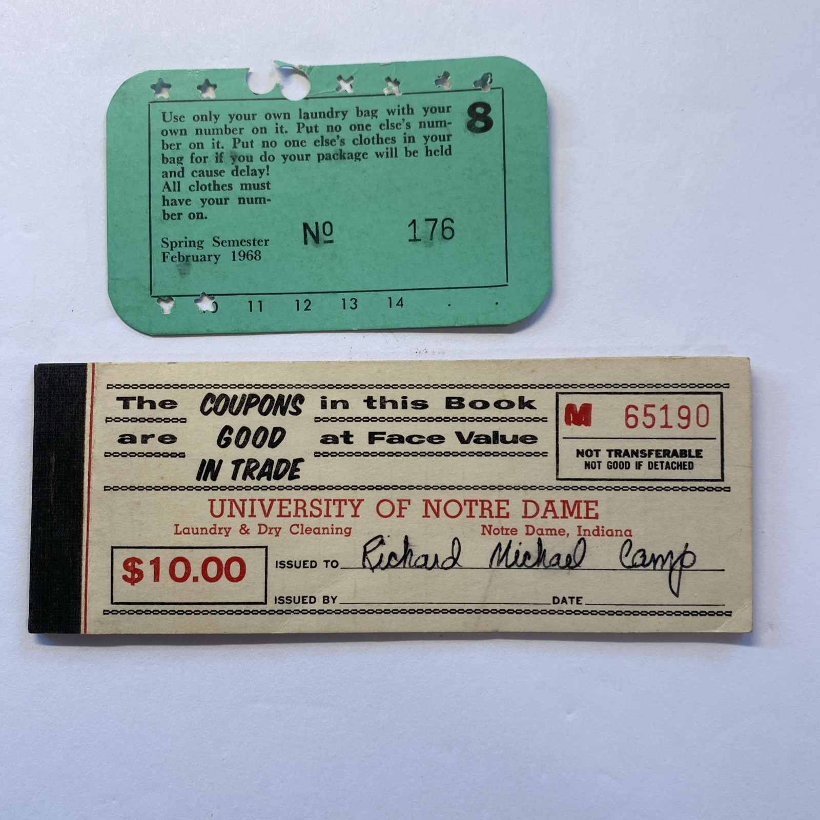 $10 Coupon Book – Good In Trade -Laundry Service Univ Notre Dame C 1960s Used