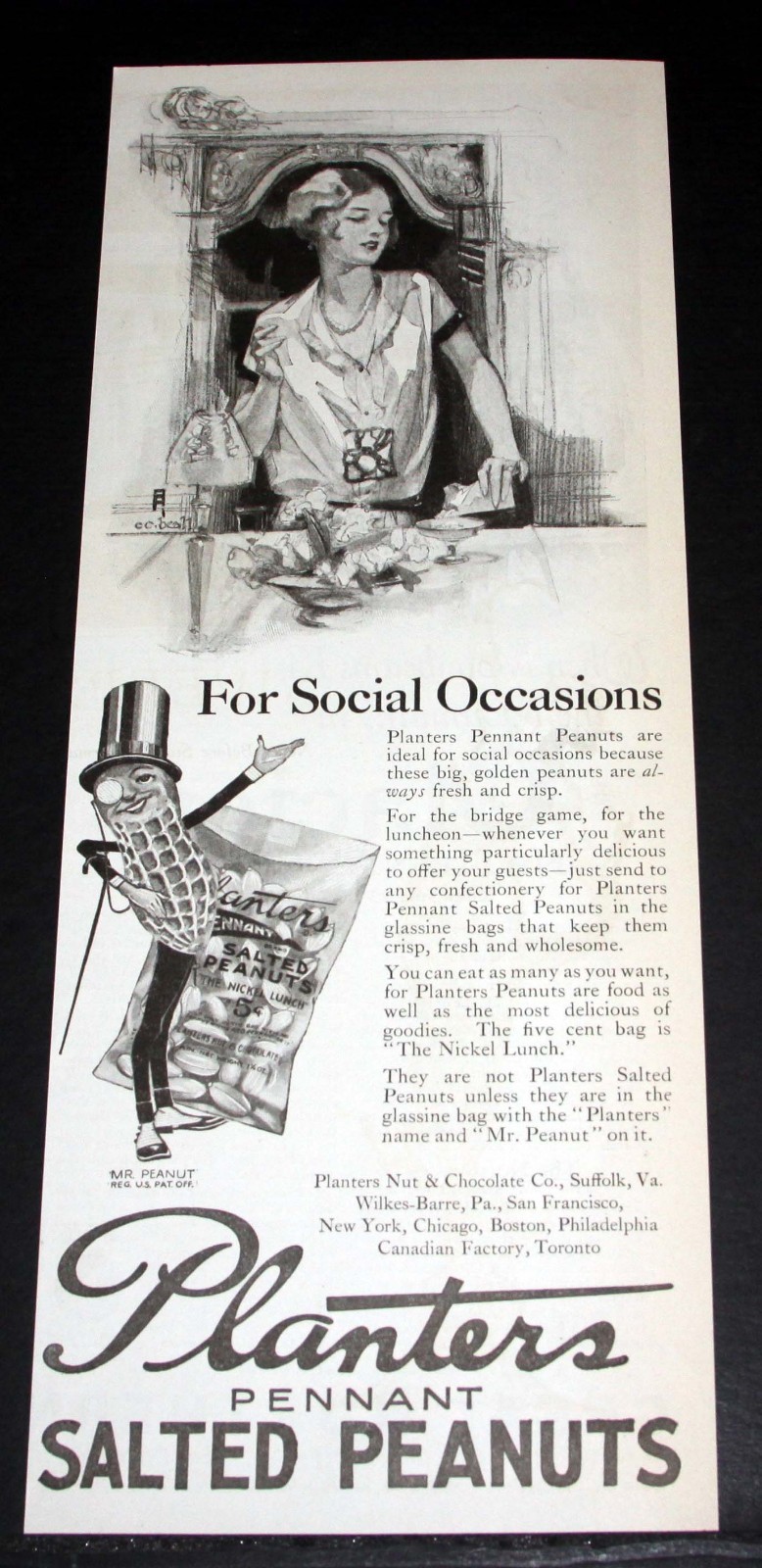 1925 OLD MAGAZINE PRINT AD, PLANTERS PENANT SALTED PEANUTS FOR SOCIAL OCCASIONS!