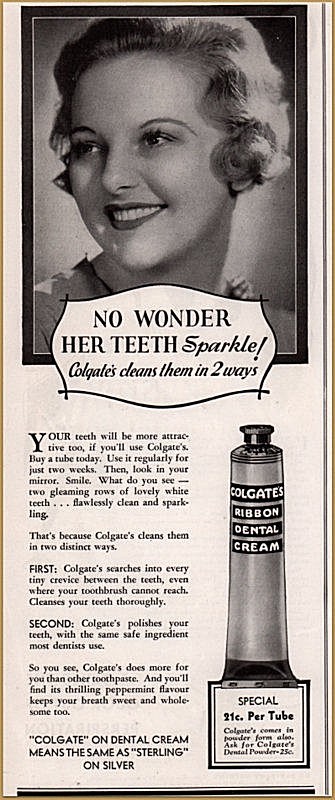 1934 Colgate’s Ribbon Dental Cream Print Ad Beautiful Blonde with Sparkle