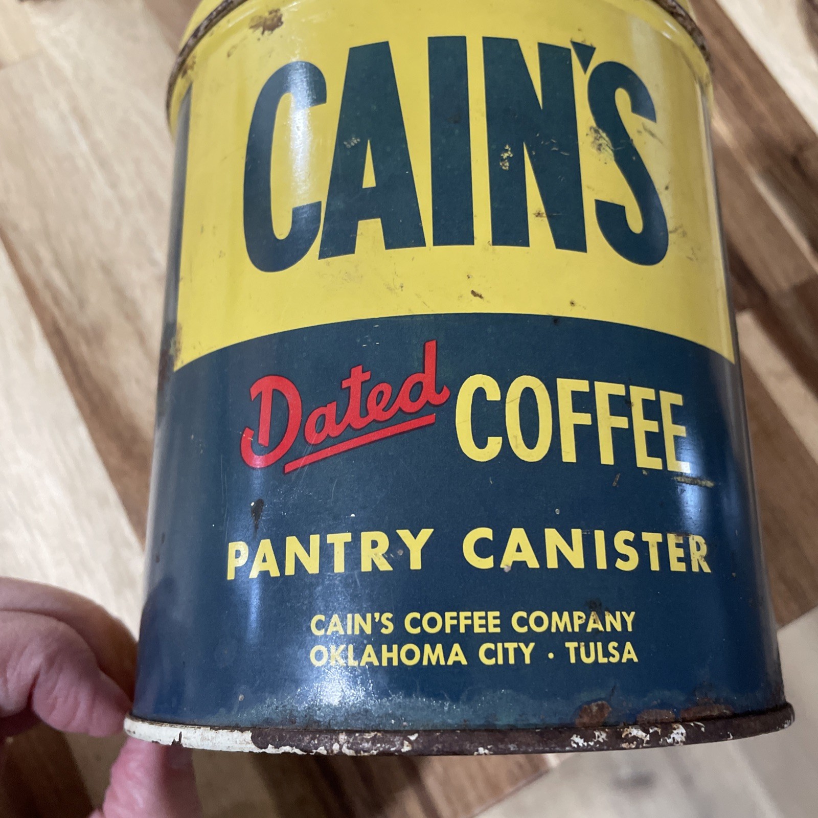 Cain’s Coffee Tin Pantry Canister Oklahoma City Tulsa Vintage Home Farm Work USA