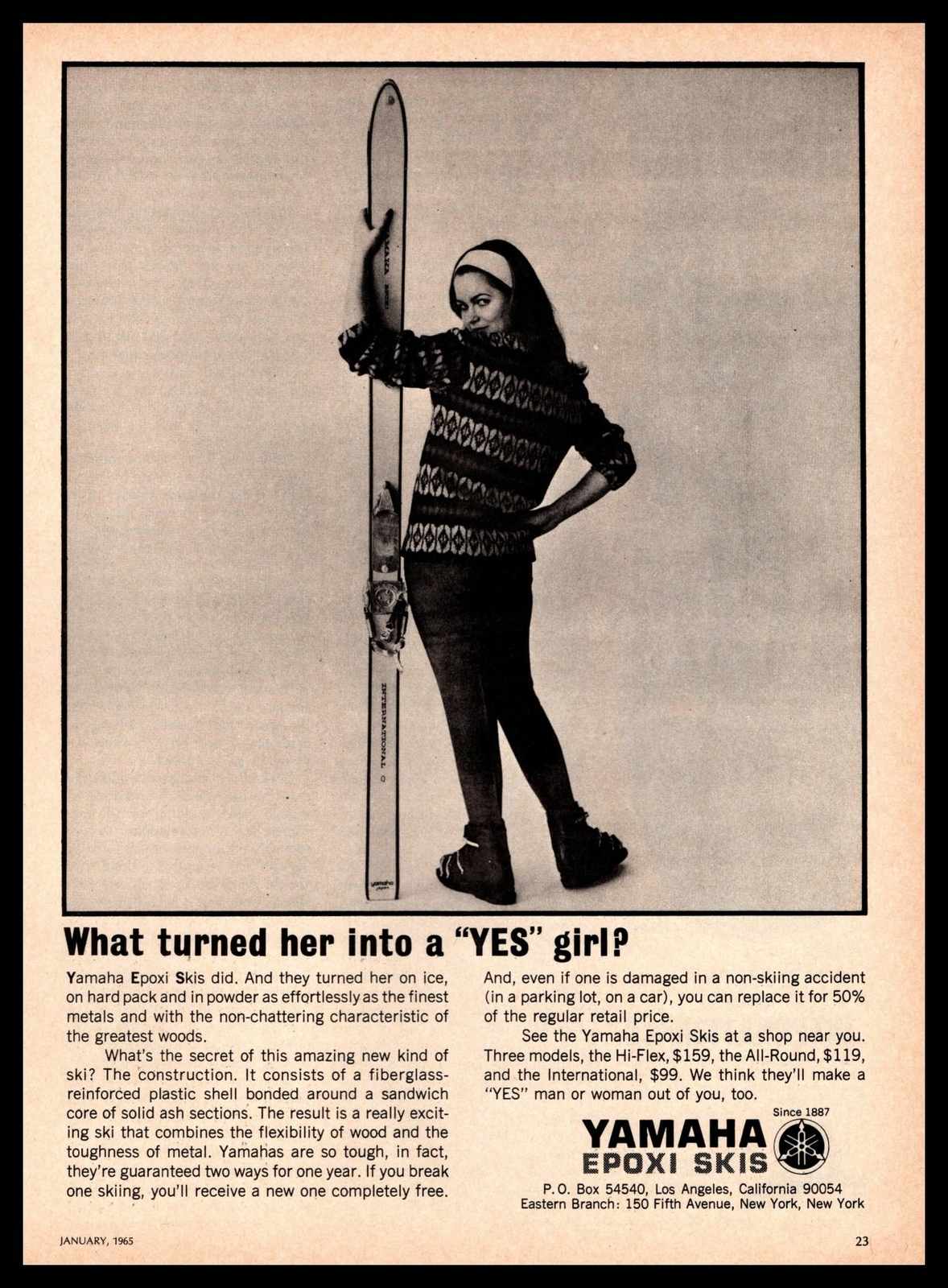 1965 Yamaha Los Angeles California Epoxi Skis “The Yes Girl” Vintage Print Ad