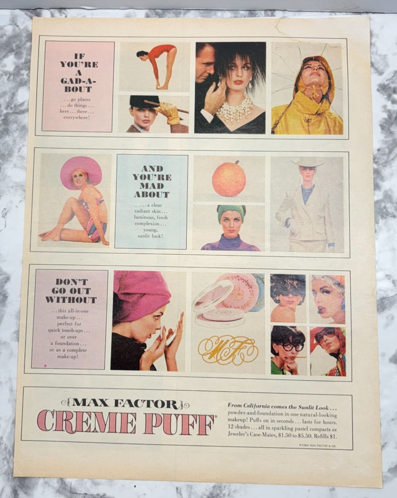 Max Factor Makeup Vintage Print Ad 1960s Creme Puff Mid Century Cosmetics