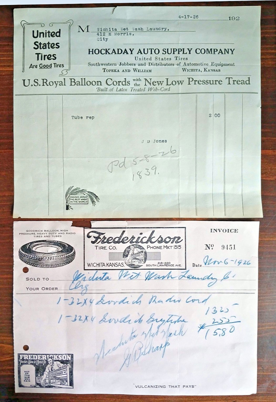 Two 1920s Receipts for U.S. and Goodrich Tires – Wichita, Kansas