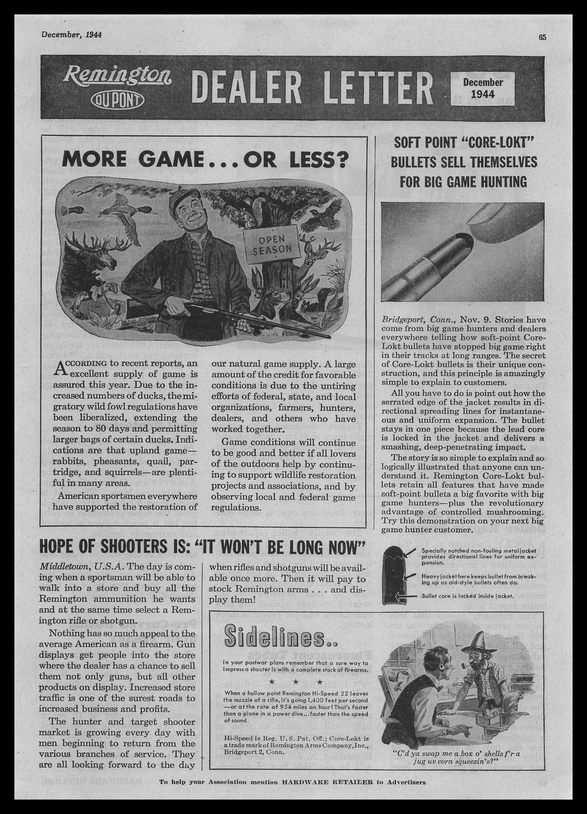 1944 Remington Arms Dealer Letter Soft Point “Core-Lokt” Bullet Article Print Ad