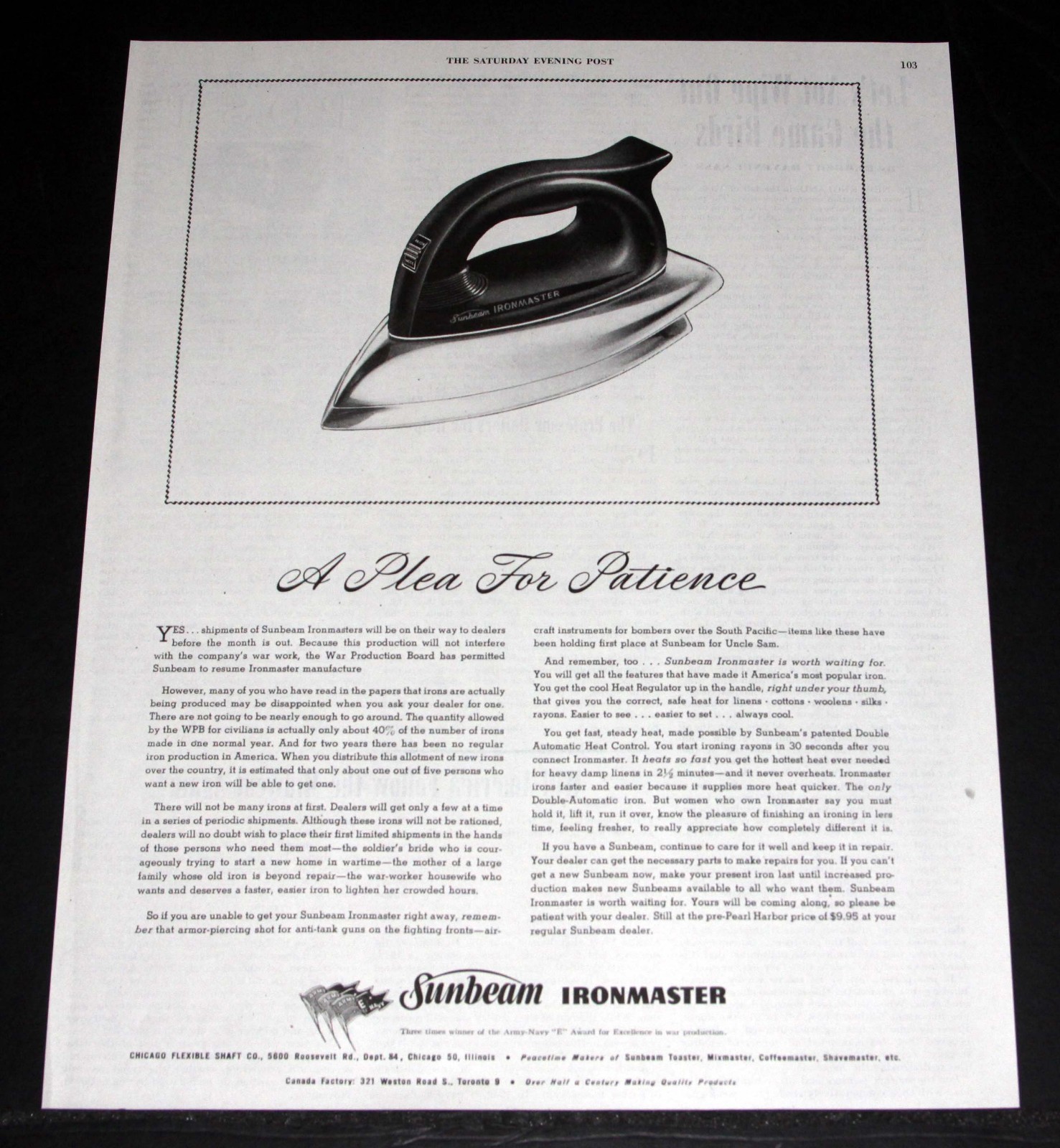 1944 OLD MAGAZINE PRINT AD, THE POST-WAR SUNBEAM IRONMASTER-A PLEA FOR PATIENCE!