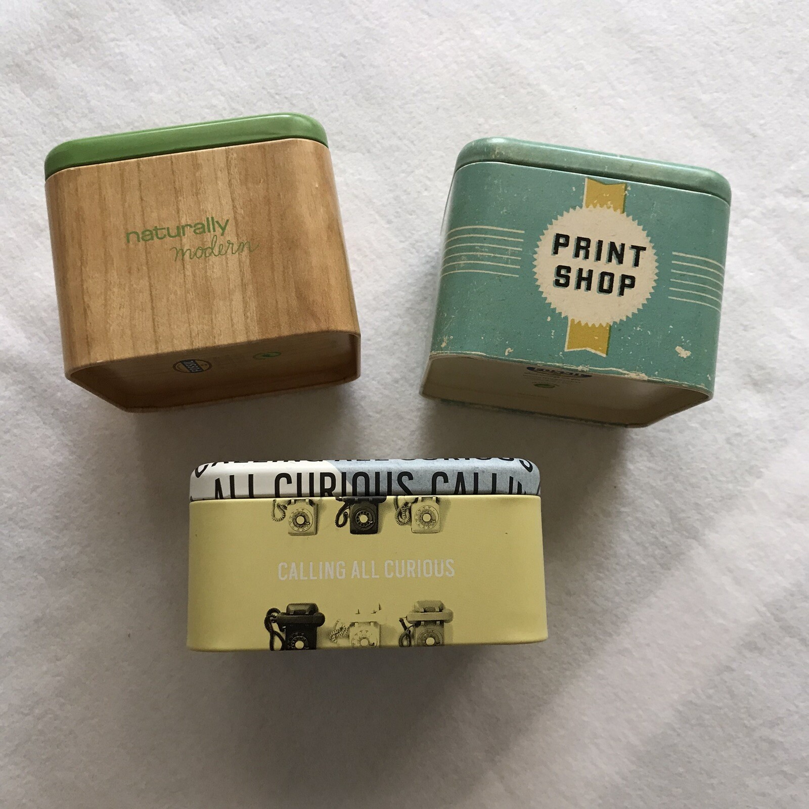 Lot 3 Empty FOSSIL Watch Boxes Collectible Tins Yellow Rotary Phone Print Shop