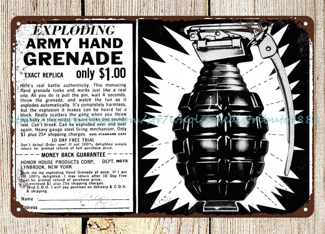 wall art designs Honor House Exploding Army Hand Grenade 1959 metal tin sign
