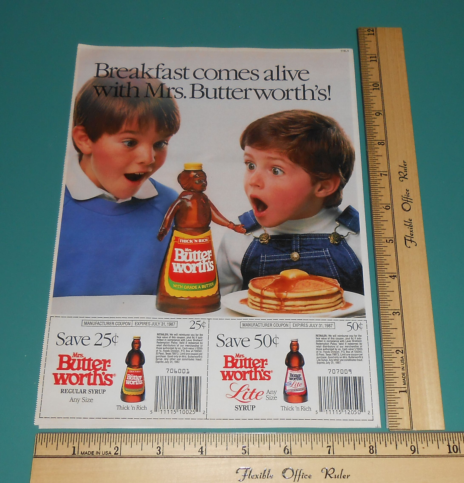 1986 Mrs Butterworths Maple Syrup Coupon Circular Print Ad Little Boys Talking
