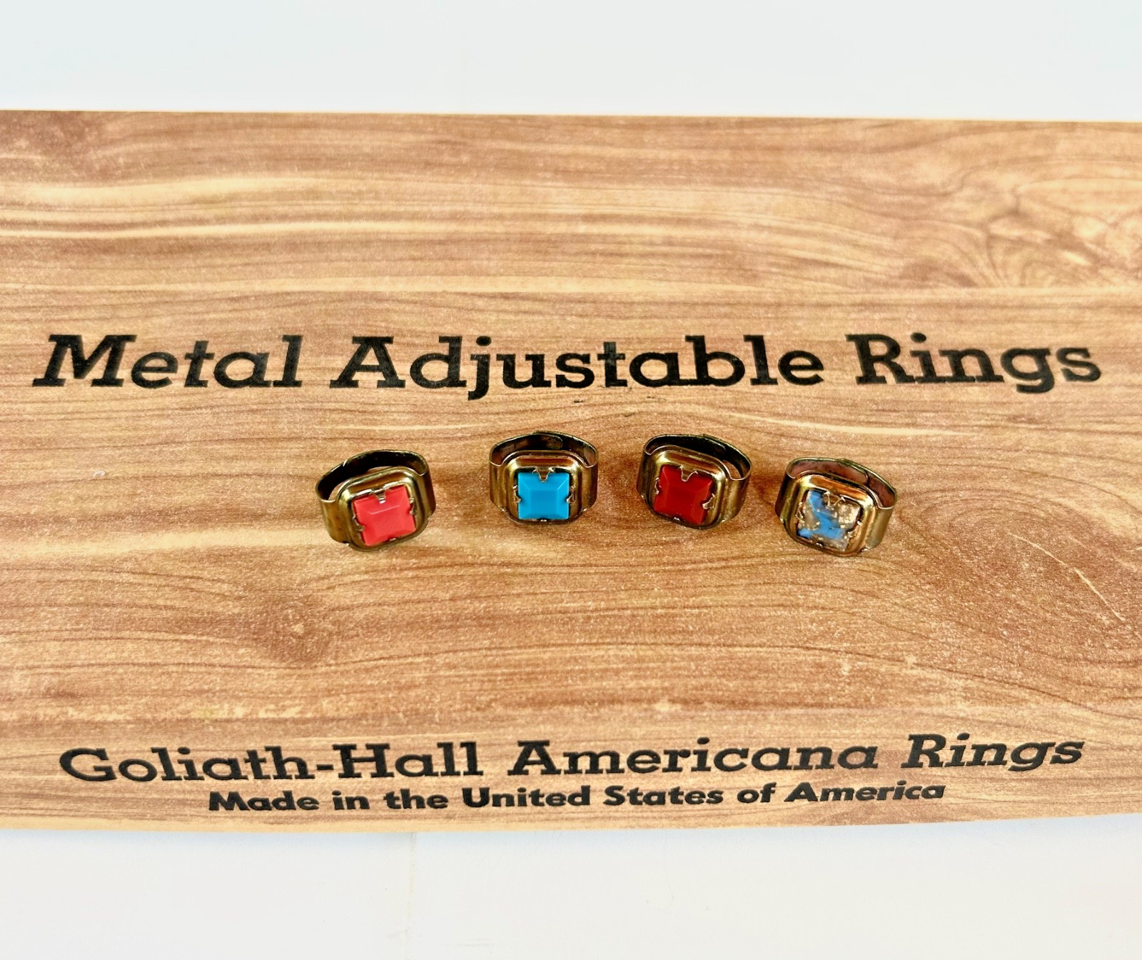 LOT 4 VTG GOLIATH-HALL AMERICANA FAUX GEM ADJUSTABLE METAL NOVELTY GUMBALL RINGS