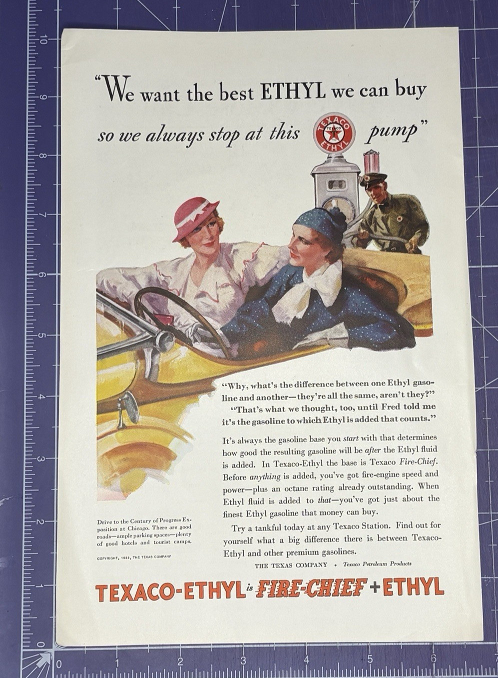 1933 PRINT AD TEXACO-ETHYL FIRE-CHIEF CENTURY OF PROGRESS EXHIBITION IN CHICAGO
