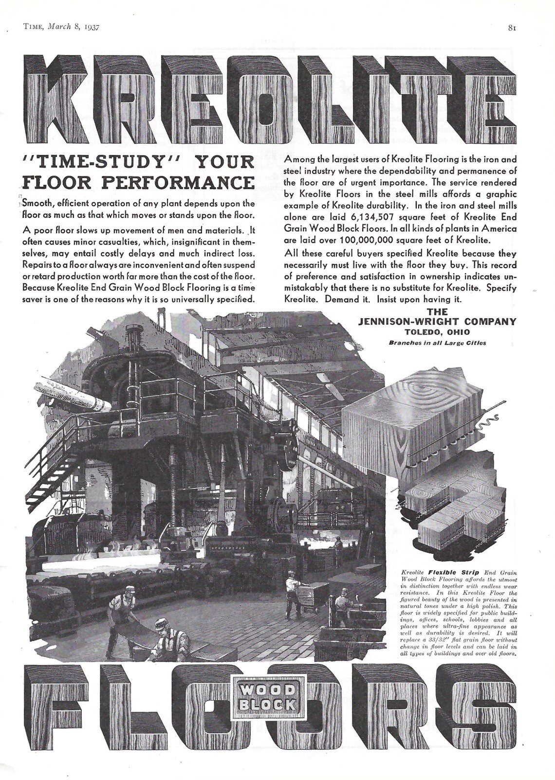 1937 Kreolite Wood Block Floors Words Time-StudyVintage Magazine Print Ad/Poster