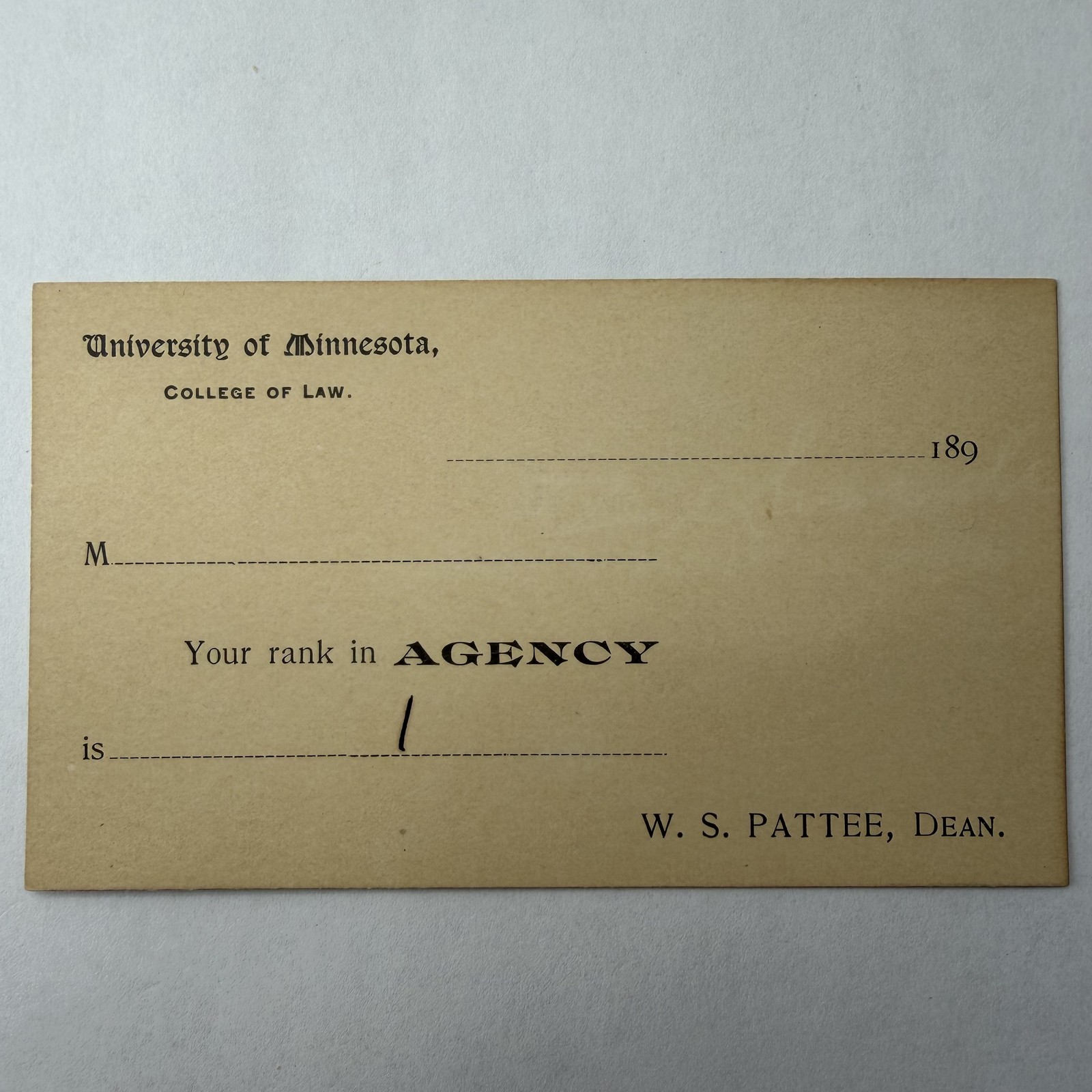 Minneapolis MN Univ Minnesota College of Law Grade Card 1890s W.S. Pattee Dean