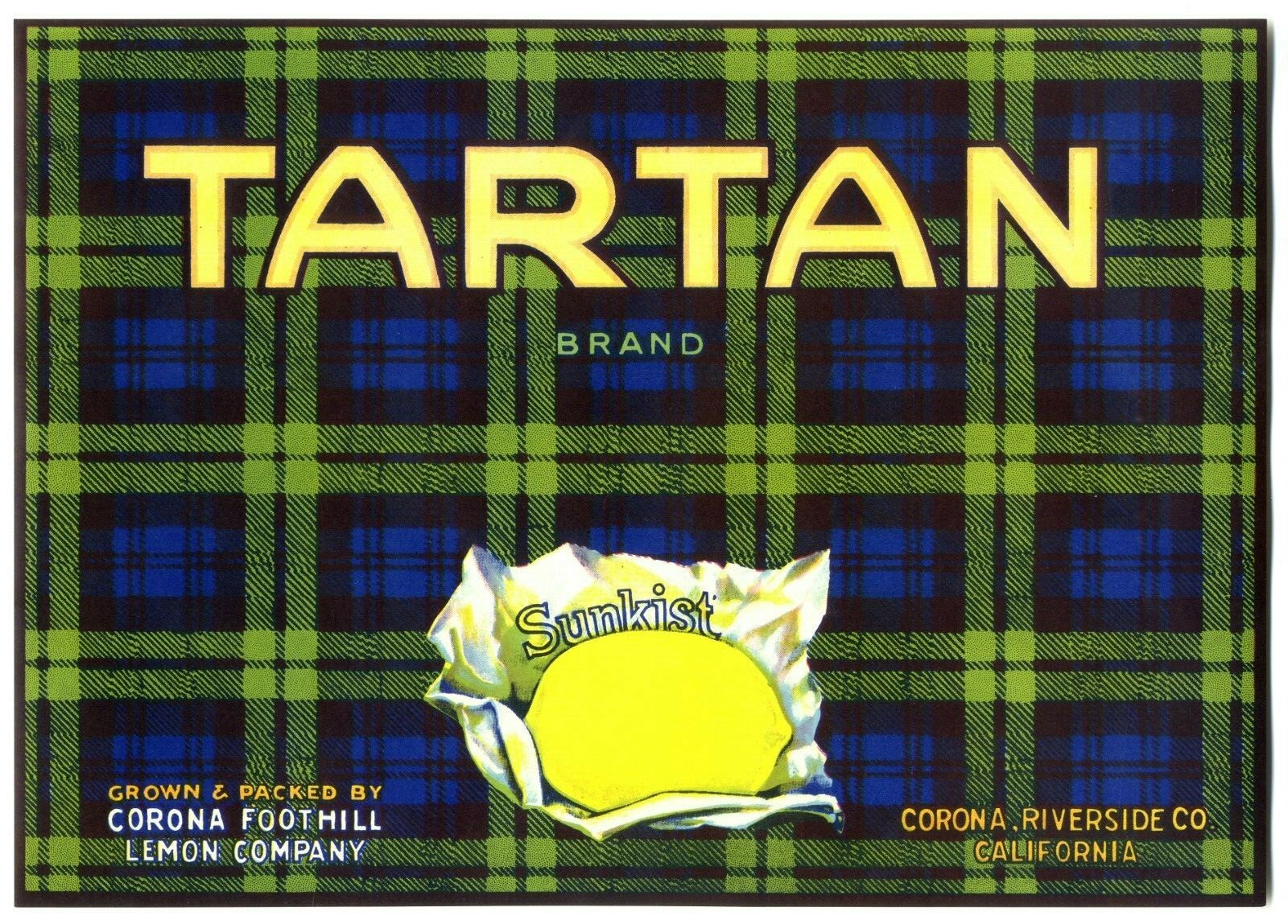 TARTAN~SCOTTISH PLAID~1930s VINTAGE RIVERSIDE CALIFORNIA LEMON FRUIT CRATE LABEL