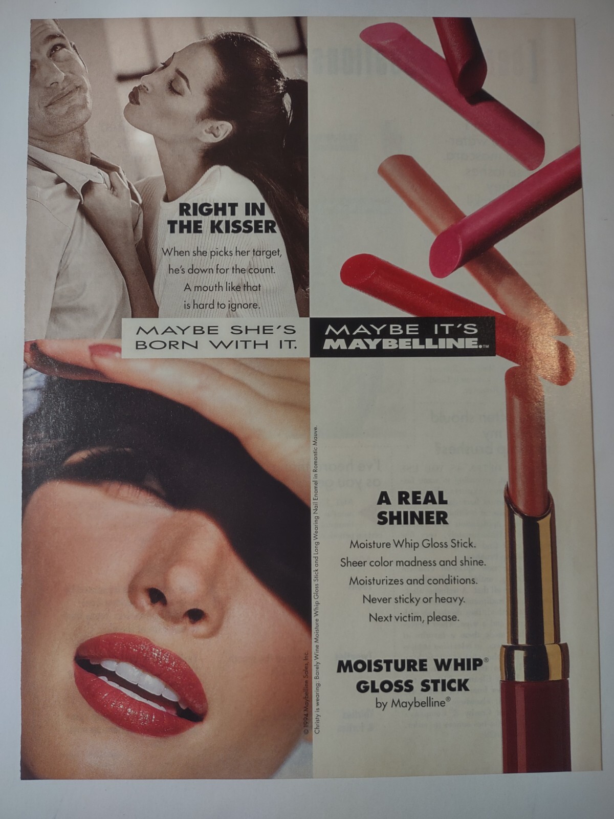 Vintage 1990s Print Ad Maybelline Moisture Whip Real Shiner Lip Stick