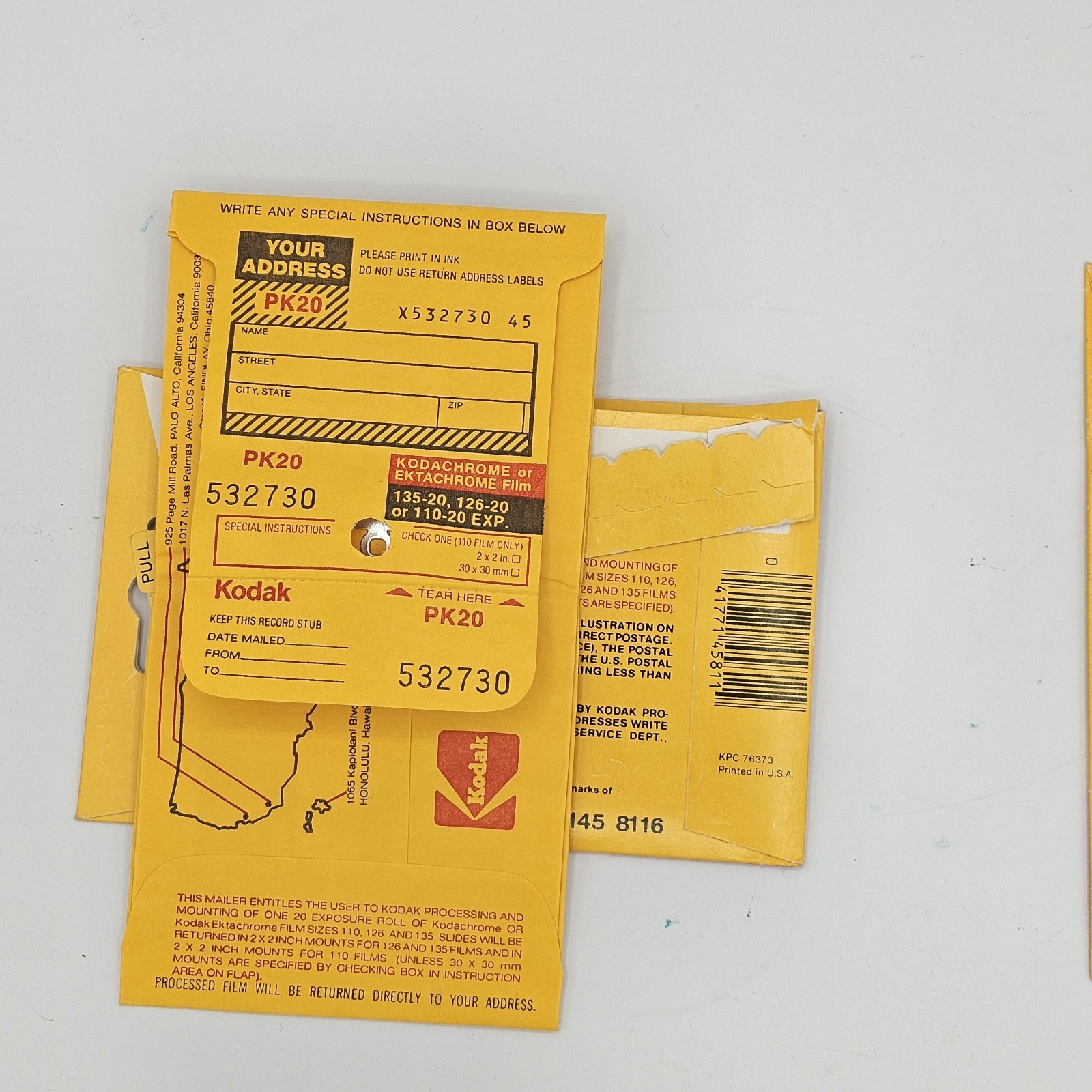 Vintage Kodak PK20 Film Mailer Lot (2) Kodachrome Slide Processing Ephemera Seal