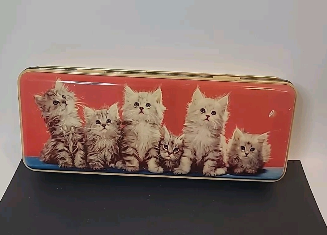 Vtg Thorne’s Toffee Tin/Decor 6 Kittens Orange & Blue Oblong Kawaii Eng. 4×10″