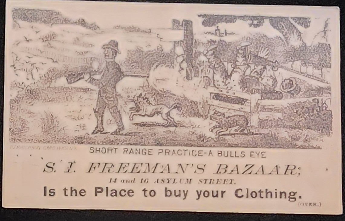 Antique Freeman’s Bazaar Hartford CT Trade Card Bull’s Eye Comic Victorian