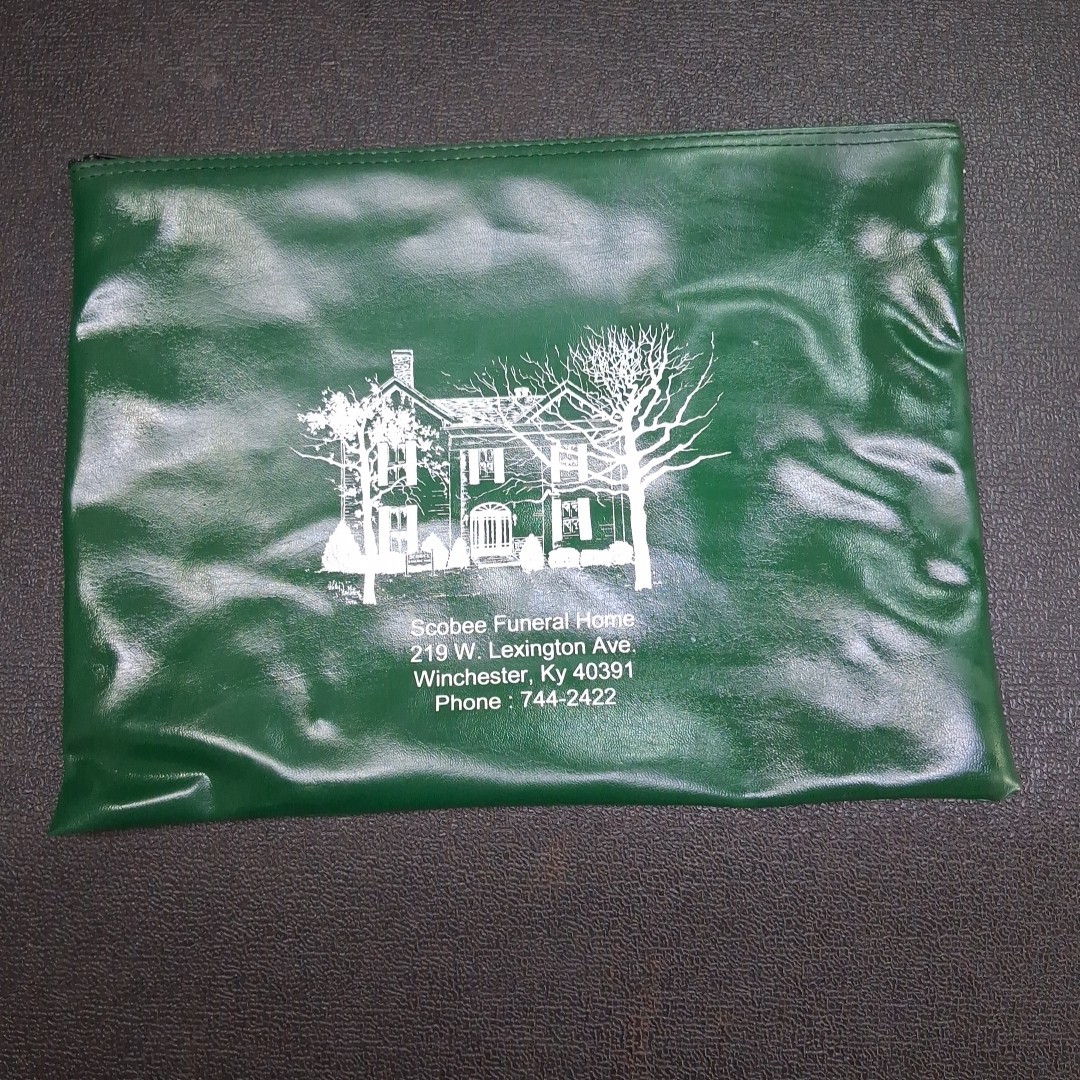 Vintage Scobee Funeral Home Advertising Green 16″ x 12″ Vinyl Zipper Bag