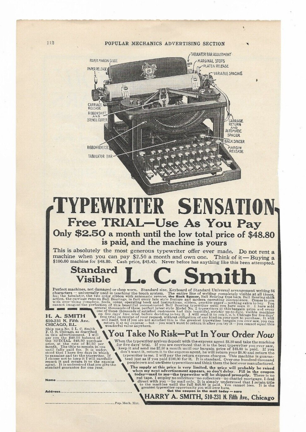HARRY A. L.C. SMITH TYPEWRITER STANDARD SIZE SENSATION WRITING MACHINE .3