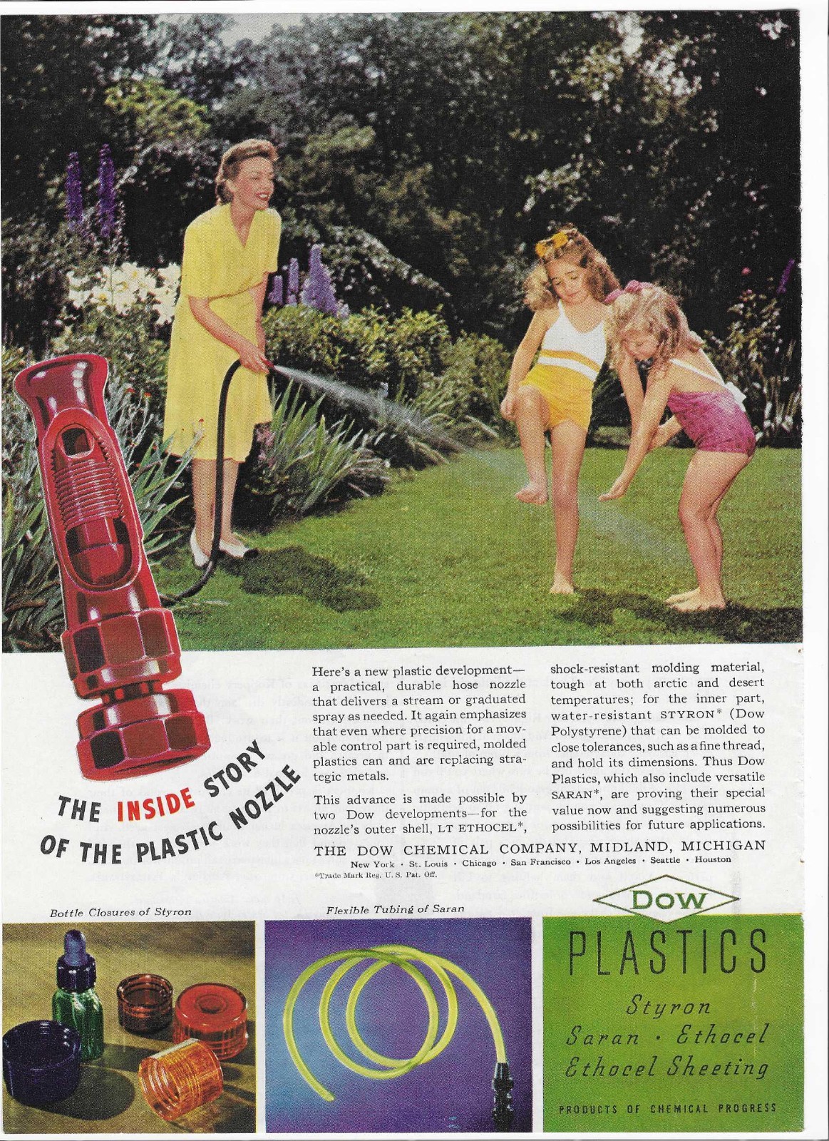DOW Plastics Nozzle Mother Water Hose Children Midland MI 1942 Print Ad