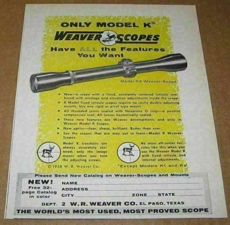1958 Print Ad Weaver Model K4 Rifle Scopes El Paso,Texas